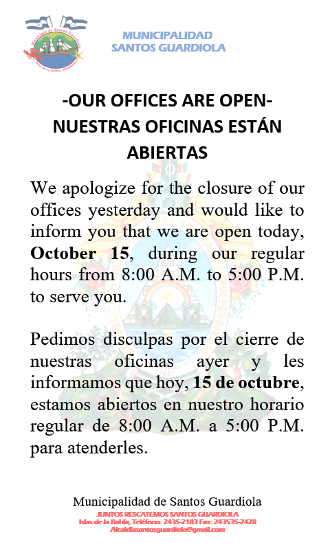 MuniGuardiola's tweet image. Our Offices are open from 8 to 5.