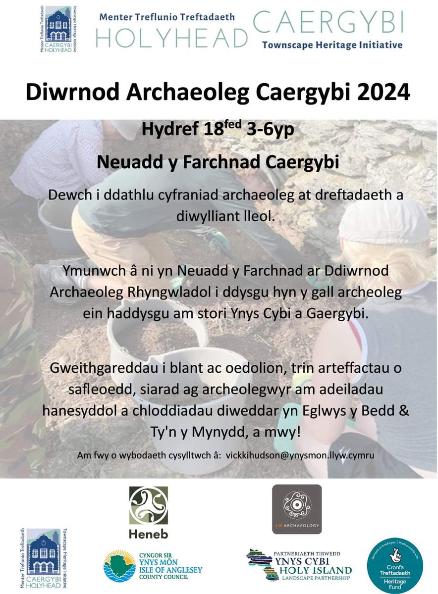 Diwrnod Archaeoleg Caergybi 2024         Hydref 18fed 3-6yp
Neuadd y Farchnad Caergybi
