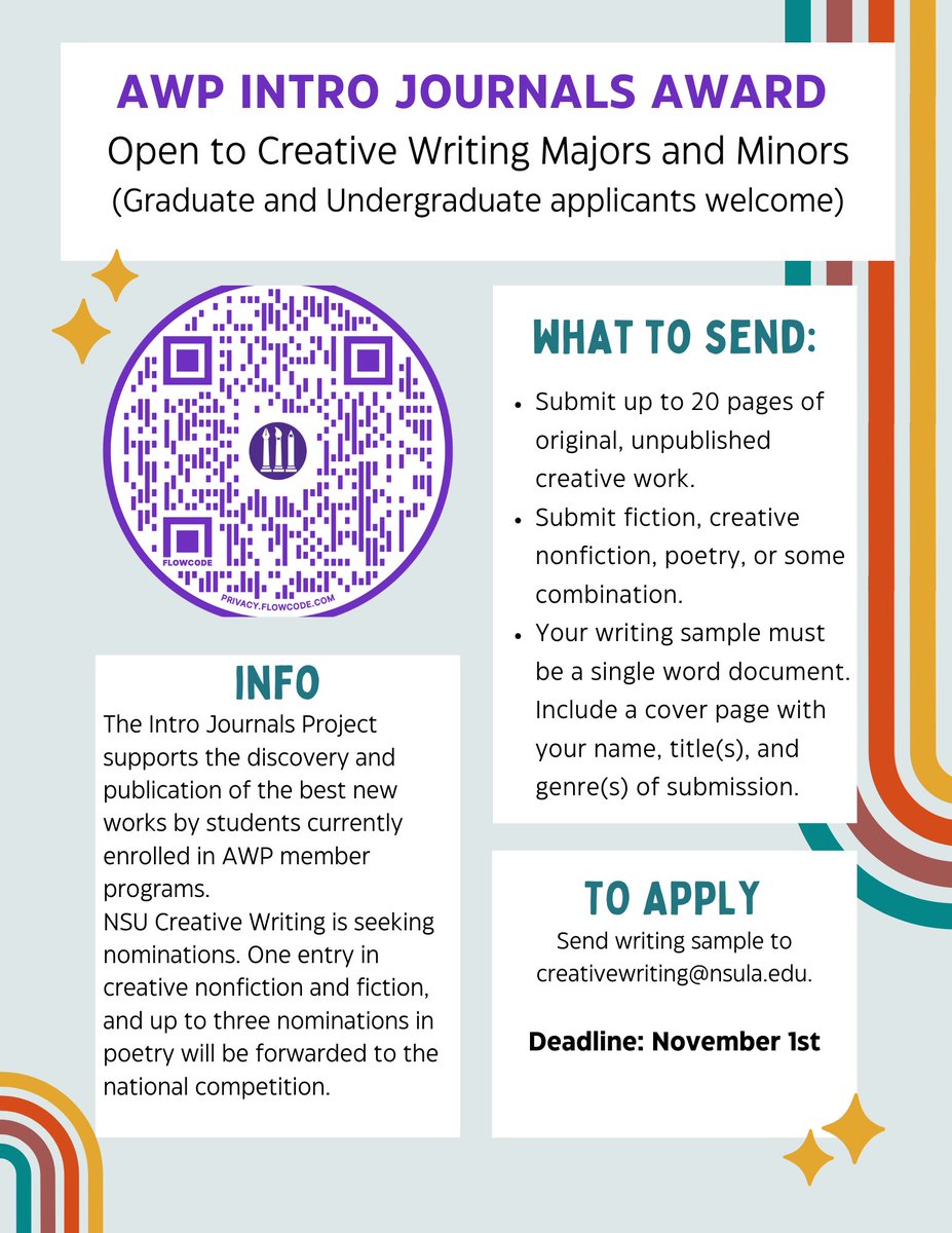 NSU_CW's tweet photo. Exciting opportunity! NSU Creative writers: submit your work for possible nomination and publication! Questions? Email creativewriting@nsula.edu. https://t.co/IFmv1OYgLX