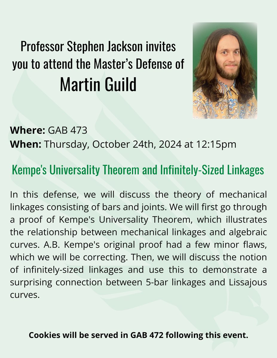 Faculty and friends of the Math department, please join us for Martin Guild's Master's Defense.