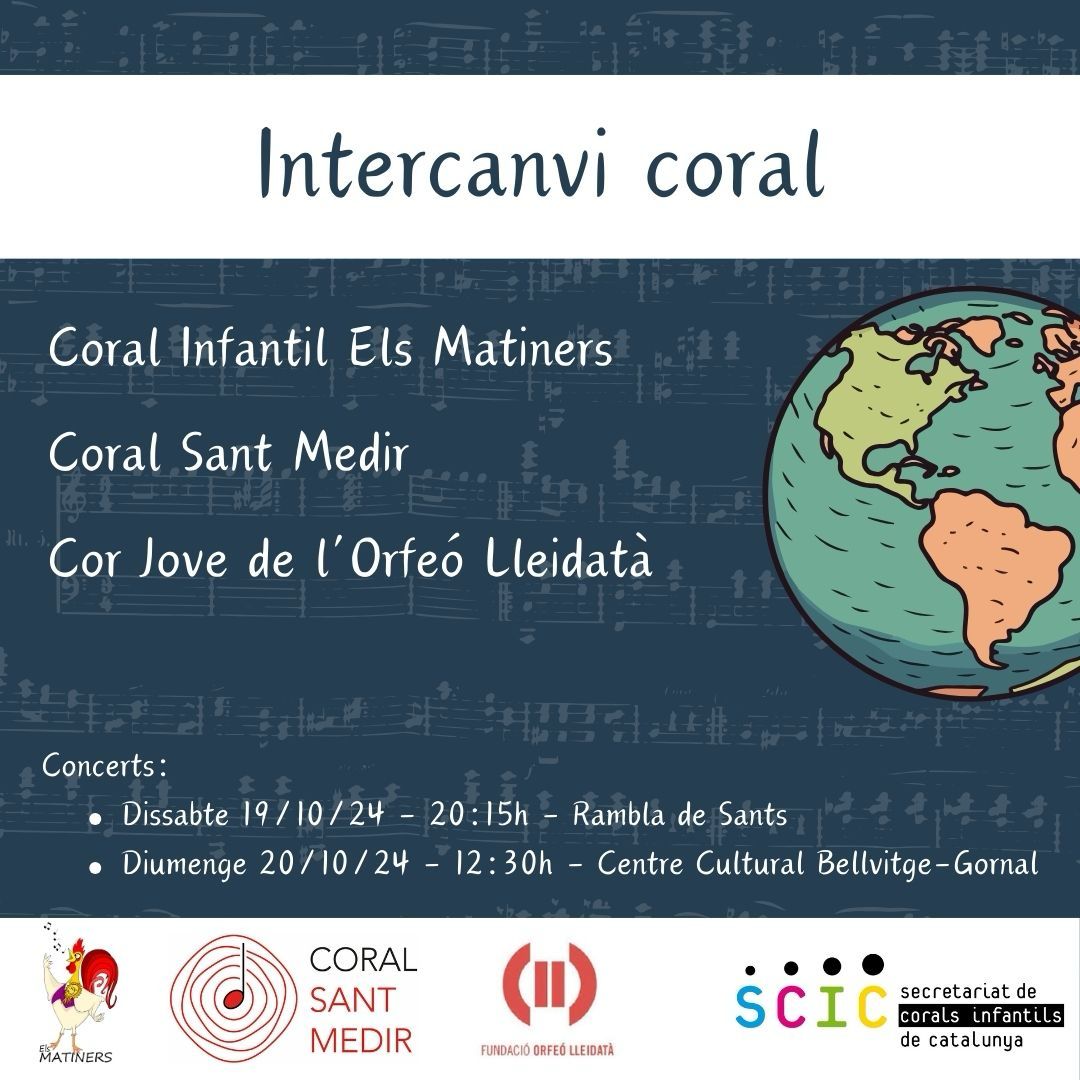 Aquest cap de setmana acollim, el Cor Jove de l'<a href="/orfeolleidata/">Fundació Orfeó Lleidatà</a> conjuntament amb la <a href="/CoralSantMedir/">Coral Sant Medir</a> per tancar l'intercanvi coral que vam iniciar a l'abril a Lleida.

#intercanvi #culturalh #coralsinfantils