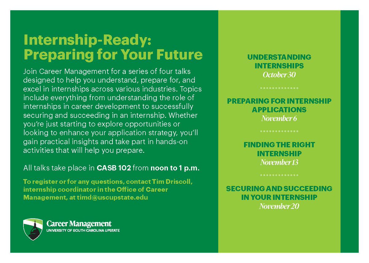 AraceliHLaroche's tweet image. Internship Ready Talks! 
OCT 30, NOV 6, NOV 13 &amp;amp; NOV 20. 
Contact Tim Driscoll at Career Management #uscupstate 
#highimpactpractices 
#internships