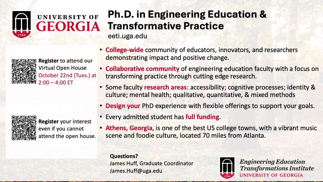 Join us on Tuesday, October 22nd for our Virtual Open House. Here’s an opportunity to learn all about our program, UGA, Athens (where we’re located), and our wonderful community!

Register your interests by clicking here: forms.gle/Bk9j1kMF98gAKQ…