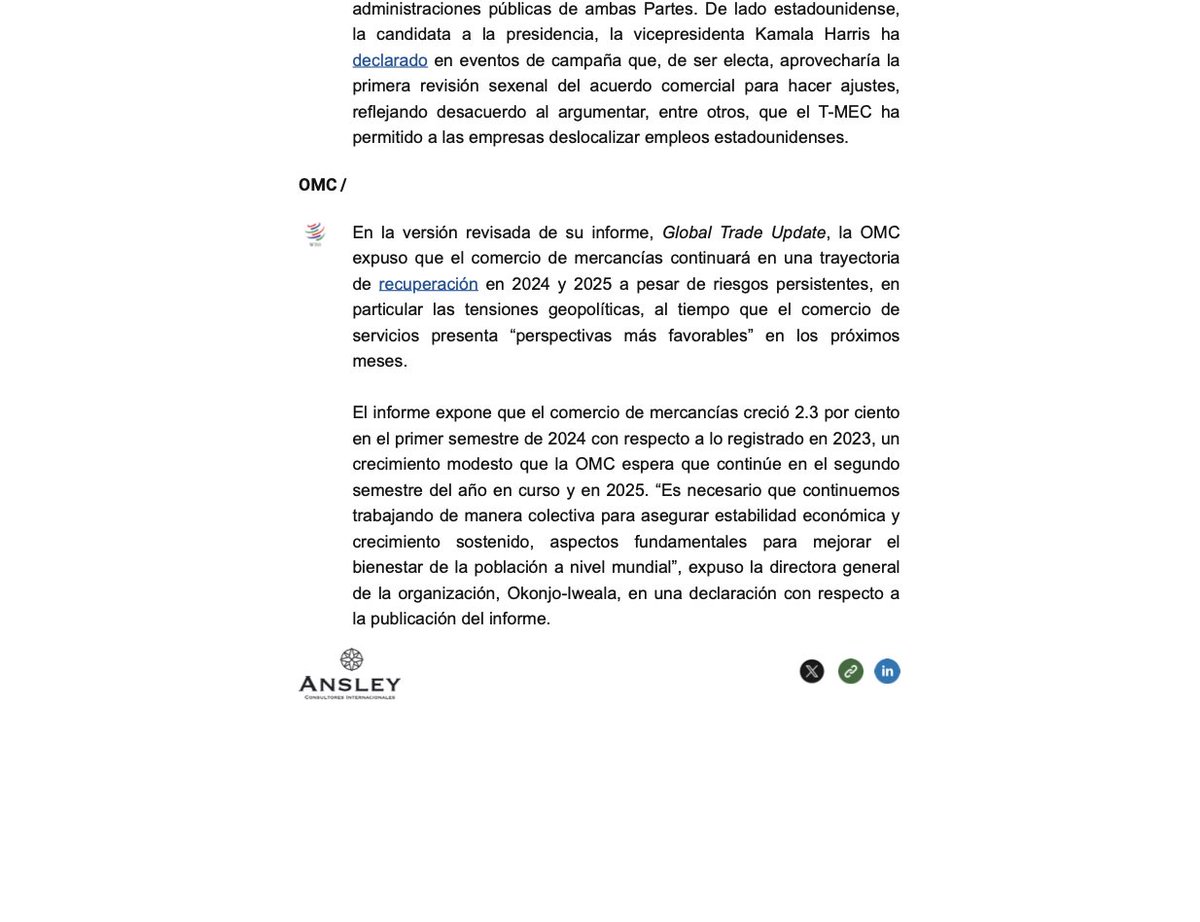 Consultores Internacionales Ansley te invita a leer las notas más destacadas en temas de comercio del 7 de octubre al 11 de octubre. 👇 🗞