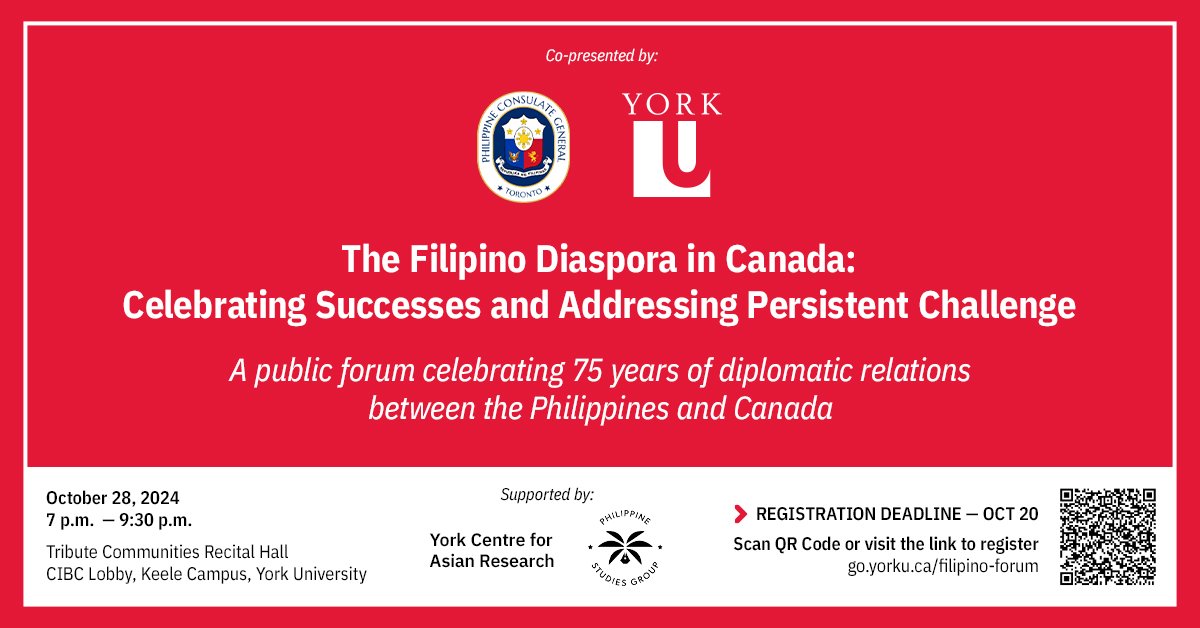 The <a href="/PHinToronto/">Philippine Consulate General in Toronto</a> and <a href="/YorkUniversity/">York University</a> are organizing a Public Forum celebrating @75thanniversary of CAN-PH #diplomaticrelations. Join the discussions and REGISTER <a href="/asia_york/">YCAR</a> <a href="/CanEmbPH/">Canada in the Philippines</a> #globalpartnerships