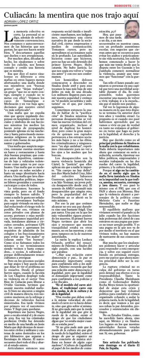 ClouthierManuel's tweet image. Les comparto este extraordinario artículo de Adrian López Ortiz, director general del Periódico Noroeste, quien nos describe la realidad sinaloense y su tolerancia al Narco