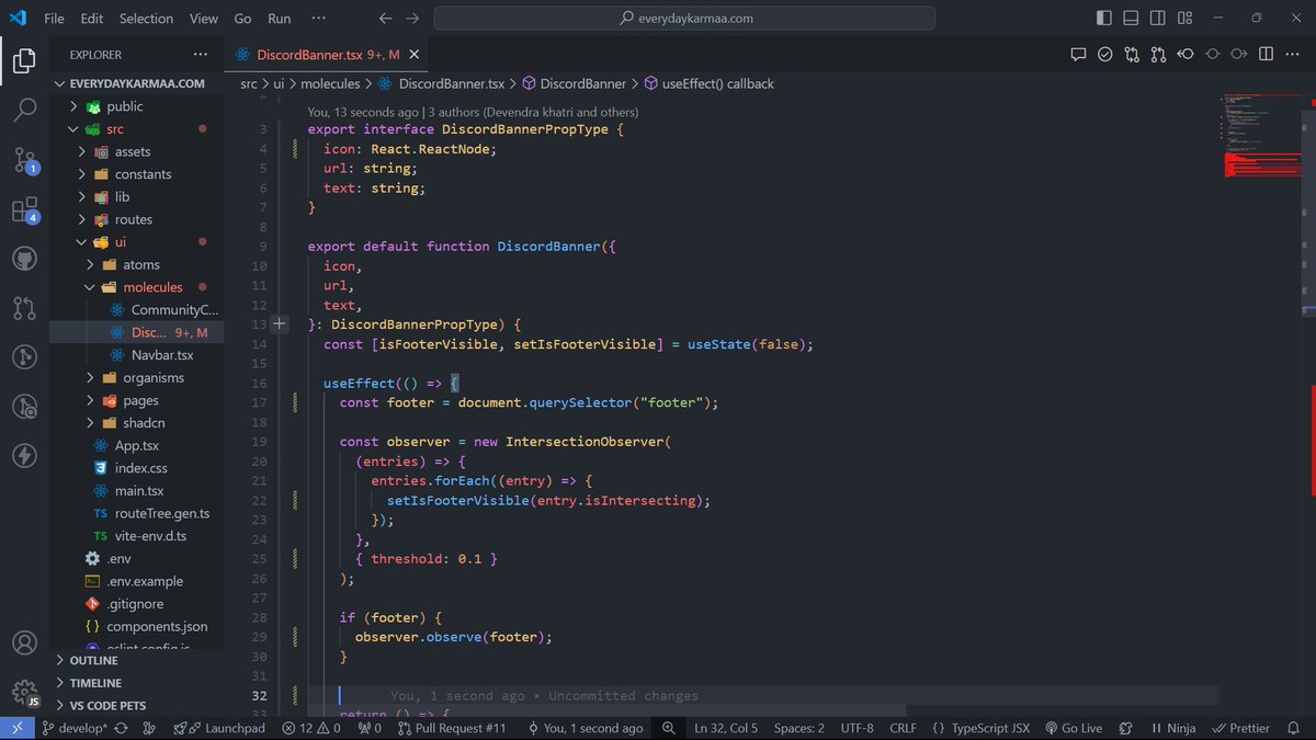 devendrakhatri_'s tweet image. #LUD13 Today, I understood and used the IntersectionObserver API in React to build a DiscordBanner component that hides when the footer becomes visible. Learned how to track and dynamically respond to element visibility! 💡 #LearningUtsav #FestivalOfLearning @learning_utsav