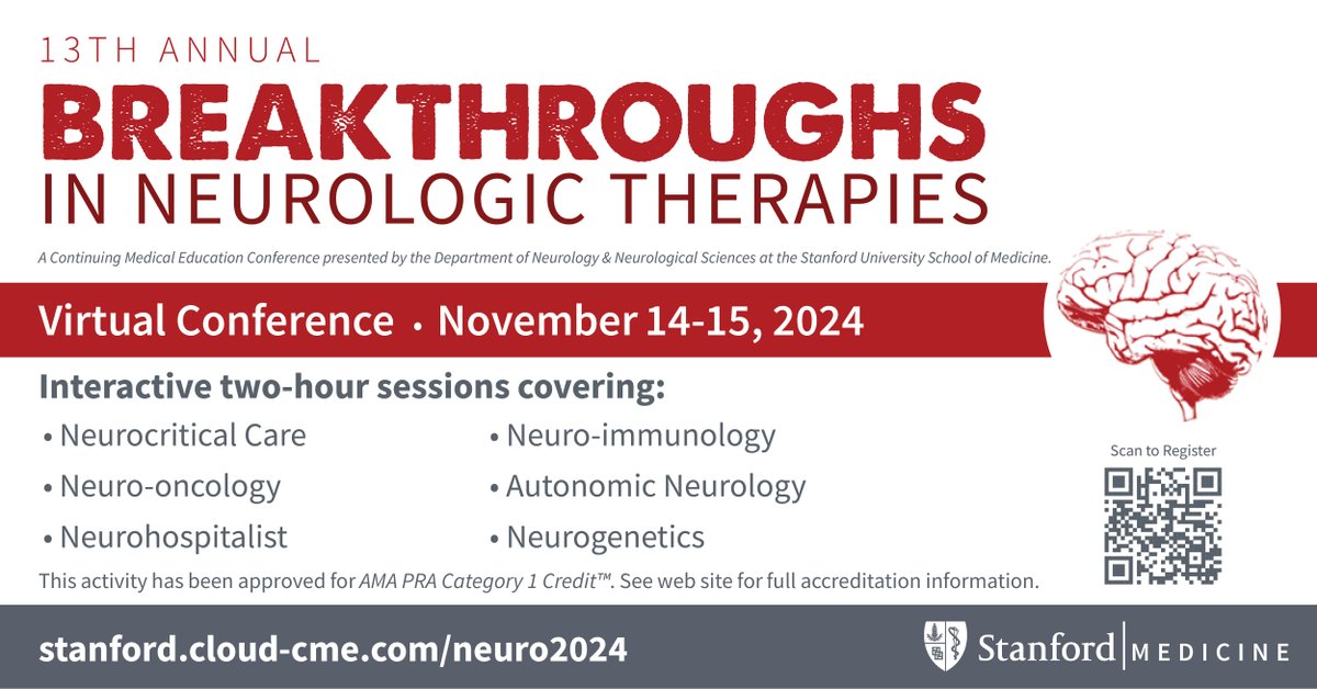 REGISTER TODAY!!!! 🧠 Join us virtually for our 13th Annual Breakthroughs in Neurologic Therapies Conference.

Learn from our experts in Neurocritical Care, Neuro-oncology, Neuro-immunology, Neurohospitalist &amp; more!  #Neurology #CME #MedEd

Register: stanford.cloud-cme.com/neuro24