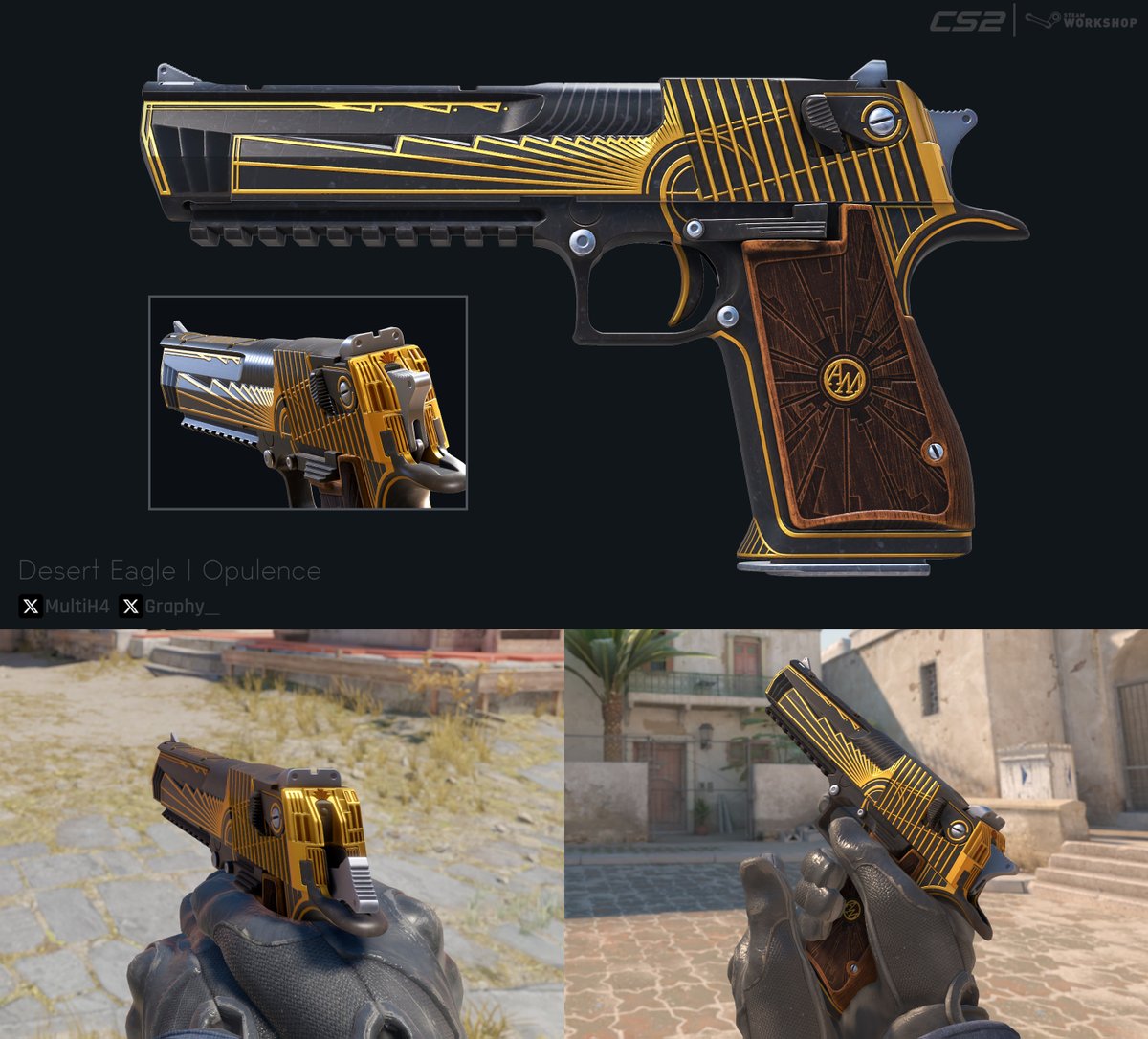 Me and @Graphy__ just finished a Deagle skin inspired from art deco, luxury, and more. Facing the player is a custom modeled golden city, harkening prosperous and idealistic cities of the era.
 
Workshop page in the reply. Hope you guys like it!