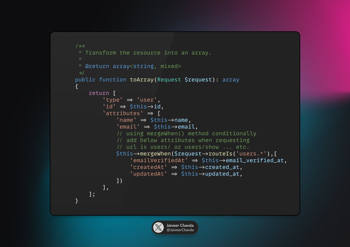 JaiveerChavda's tweet image. hey #laravel devs, include response attribute conditionally in your api response.
sometime we need to send several attributes to our client, on basis of some conditions. so for this laravel provides mergeWhen() helper.
It's makes supereasy🔥.