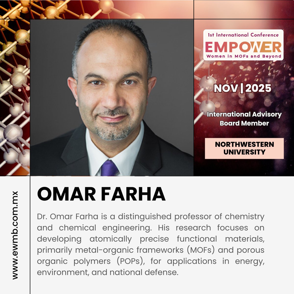 Excited to announce Dr. Omar Farha as an International Advisory Board member for the EWMB Conference! 🌍 His research on MOFs and POPs is advancing solutions in energy, environment, and national defense. 🚀 #STEM #MOFs #Innovation #AdvancedMaterials #EWMB
