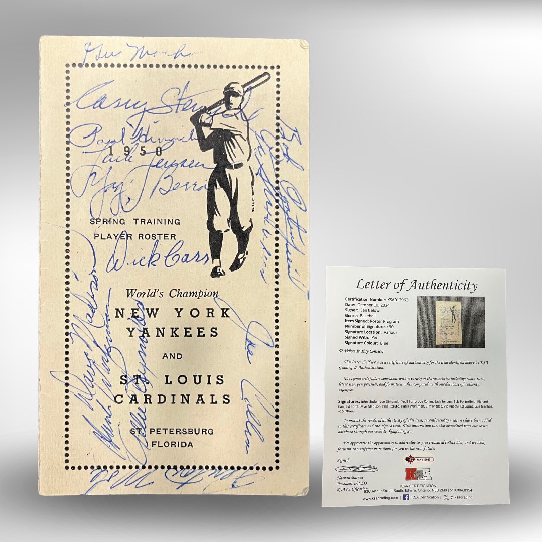 ksagrading's tweet image. Recently authenticated - 1950 New York Yankees roster. 30 autographs including Joe DiMaggio &amp;amp; Yogi Berra! 

#ksagrading #sportscardgrading #autographauthentication #authentic #autographs #autographedmemorabilia #sportsmemorabilia #thehobby #whodoyoucollect #baseball #yankees