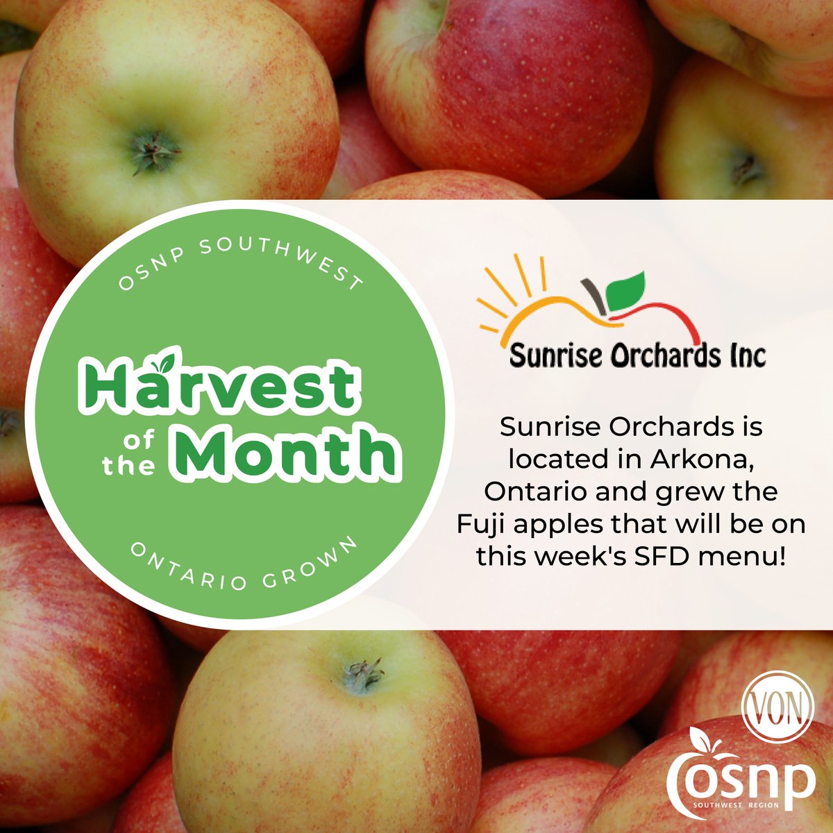 The week of October 14th will be the introduction of OSNPs first #HarvestoftheMonth! We are thrilled to highlight the local producers who grow our food. This month, let’s shine some light on Sunrise Orchards Inc. 

Find our Farm Highlight Sheet and more ➡️ osnp.ca/harvest-of-the…