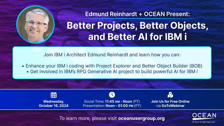It's tomorrow! Edmund Reinhardt of IBM will explain how to truly modernize your #IBMi coding with #ProjectExplorer and #BetterObjectBuilder (BOB), PLUS find out how to get involved in IBM's #GenerativeAI project to build powerful #AI for #IBMi!
Register: attendee.gotowebinar.com/register/65003…
