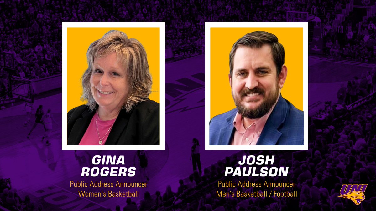 UNI Athletics is pleased to welcome Gina Rogers as the new PA voice of <a href="/UNIwbb/">UNI Women’s Hoops</a>, with Josh Paulson set to take over <a href="/UNImbb/">UNI Basketball</a> announcing duties this season and <a href="/UNIFootball/">UNI Football</a> in 2025.

📰 bit.ly/3Y7EoVF

#EverLoyal #1UNI