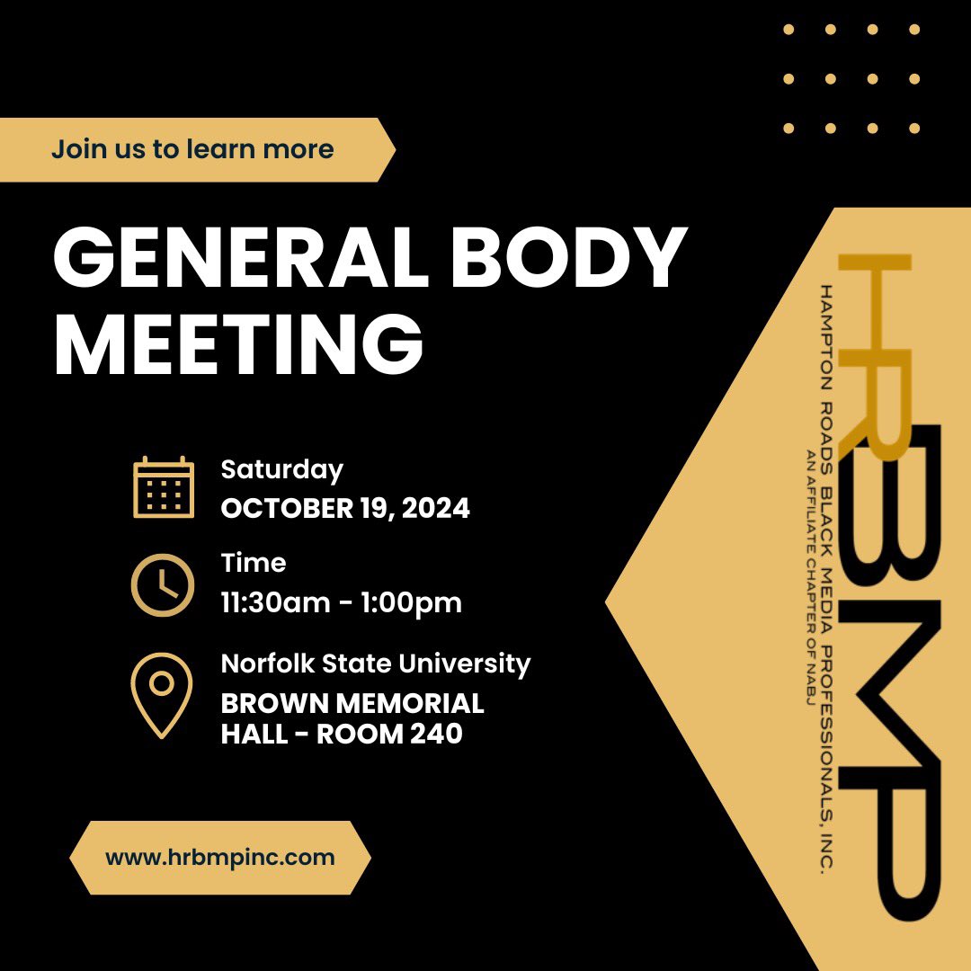 Come one come all &amp; join us this Fall 🍂🍁at our first HRBMP💛🖤 meeting to introduce and welcome our new administration, featuring President Eugene Daniel!

Saturday, October 19 · 11:30 AM-1:00 PM EDT
Norfolk State University (NSU)
Brown Memorial Hall
Room 240
Norfolk, VA 23504