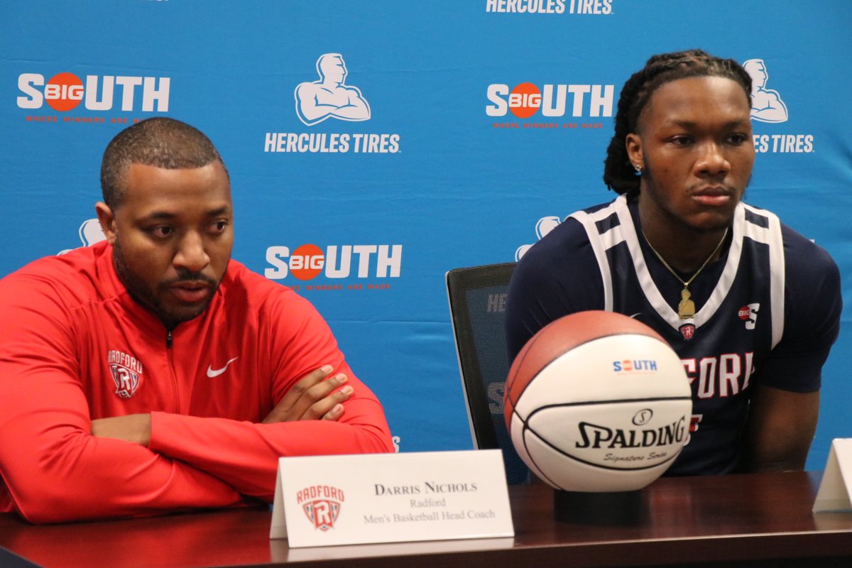 RadfordHoops's tweet photo. Josiah and Coach Darris taking on Big South media day 2024🛡️

#RiseAndDefend x #BigSouthMBB https://t.co/OWnOPpxXuQ