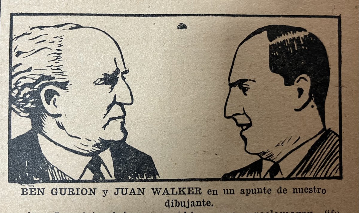 David Ben-Gurión (1er ministro de Israel entre 1948 a  1953 y 1955-1963) fue  entrevistado por el periodista chileno Juan Walker para  La Nación y reproducida en "Mundo judío" en 1957. Este dibujo inmortalizó la ocasión. 
El artículo se encuentra disponible en nuestra biblioteca.