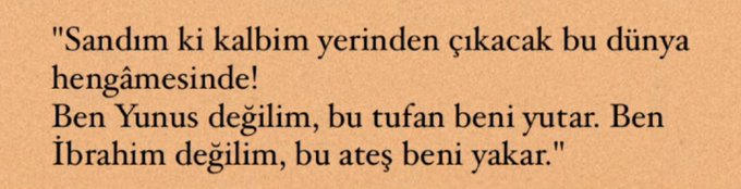 “sandım ki kalbim yerinden  çıkacak bu dünya hengâmesinde! ben yunus değilim, bu tufan beni yutar ben ibrahim değilim, bu ateş beni yakar”