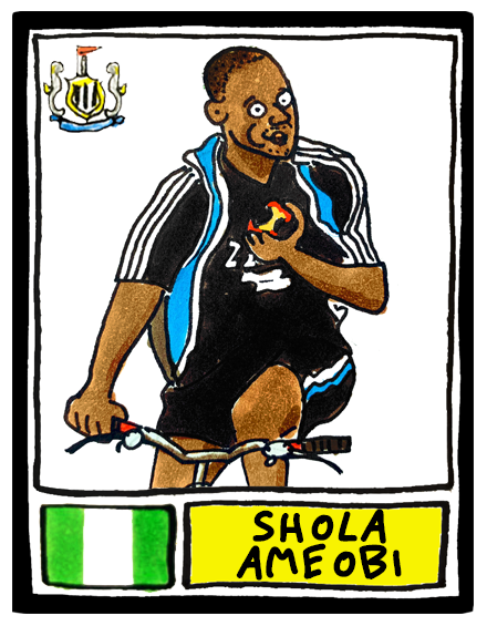 CheapPanini's tweet photo. Didn't have 'draw Shola Ameobi riding a bike while eating an apple' on today's bingo card but life comes at you fast https://t.co/daIGnHx4Mr
