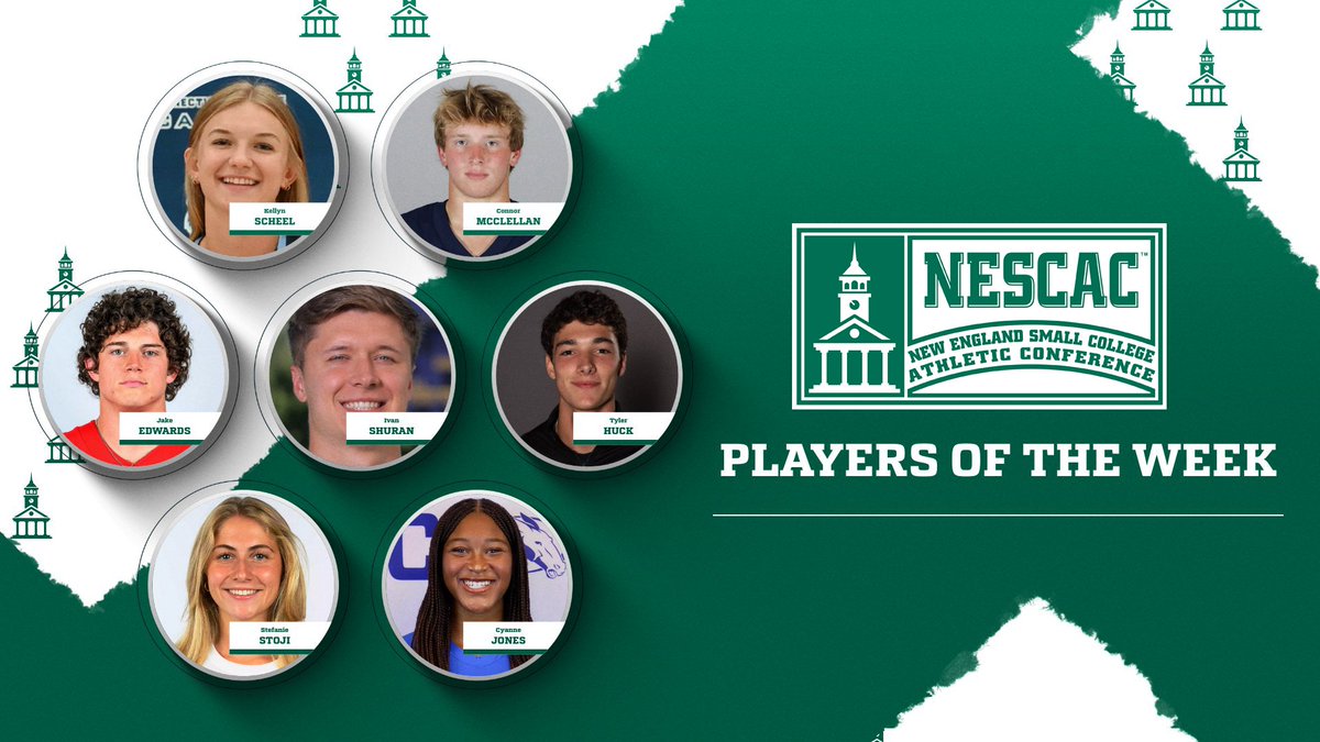 NESCAC Players of the Week

🏑Kellyn Scheel, <a href="/CamelAthletics/">Connecticut College Athletics</a> 
🏈Connor McClellan, <a href="/MiddAthletics/">Middlebury Athletics</a> 
🏈Jake Edwards, <a href="/wes_athletics/">Wesleyan Athletics</a> 
🏈Ivan Shuran, <a href="/EphSports/">Williams College Ephs</a> 
⚽️Tyler Huck, <a href="/GoUBears/">Bowdoin Athletics</a> 
⚽️Stefanie Stoj, <a href="/wes_athletics/">Wesleyan Athletics</a> 
🏐Cyanne Jones, <a href="/themules/">Colby Athletics</a> 

Details > nescac.com/news/2024/10/1…