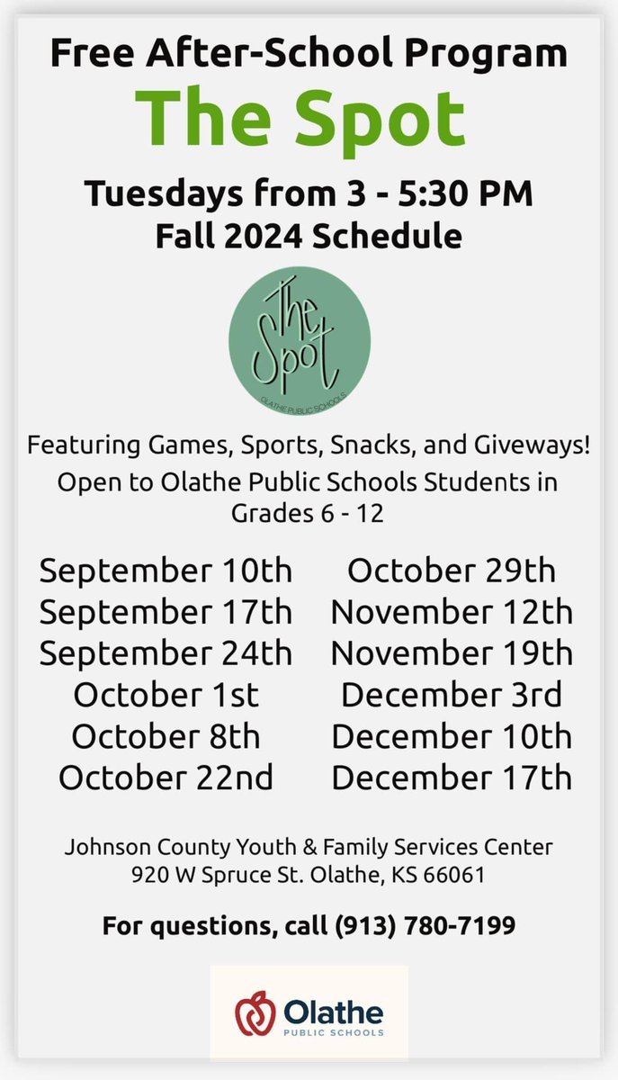 Reminder: The Spot is CLOSED today, October 15th, due to Parent/Teacher conferences.

We look forward to welcoming our students back next Tuesday, October 22nd.