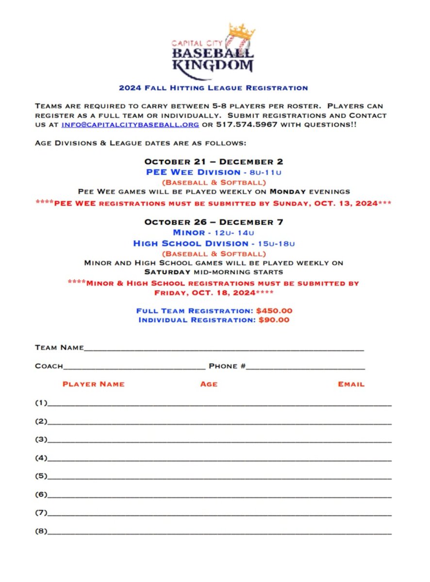 Still some slots remaining in our Minor and High School divisions!

**Pee Wee is full**