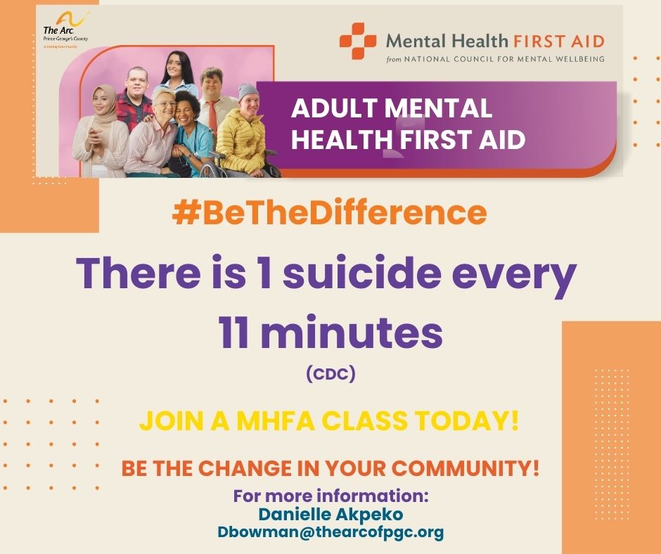 The Arc Prince George's County (@thearcofpgc) on Twitter photo Join us for an informative session on recognizing the signs and symptoms of mental stress and suicide. Whether you're looking to support yourself or someone you care about, this class will provide valuable insights and tools. Email dbowman@thearcofpgc.org to express interest! Join us for an informative session on recognizing the signs and symptoms of mental stress and suicide. Whether you're looking to support yourself or someone you care about, this class will provide valuable insights and tools. Email dbowman@thearcofpgc.org to express interest!