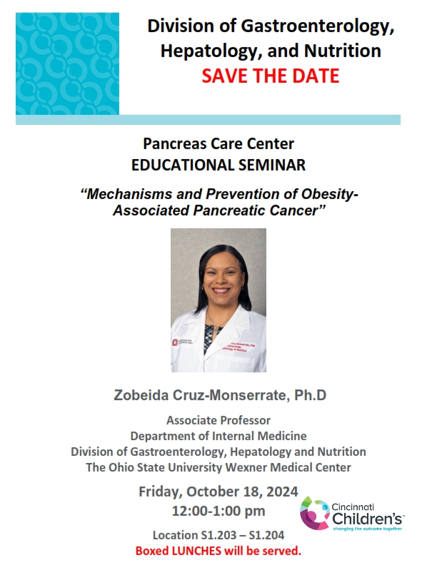 Cincinnati Children's Pancreas Care Center (@cincykidspcc) on Twitter photo This Friday the PCC is excited to have <a href="/ZCMlab/">Zobeida Cruz-Monserrate Ph.D. 🇵🇷</a> for our ongoing education series. We regularly host colleagues & experts from other institutions to share their knowledge with us to help us provide better care! <a href="/CincyKidsGastro/">Cincinnati Children's Division of Gastroenterology</a> <a href="/OSUWexMed/">The Ohio State University Wexner Medical Center</a> <a href="/CincyChildrens/">Cincinnati Children's</a> This Friday the PCC is excited to have <a href="/ZCMlab/">Zobeida Cruz-Monserrate Ph.D. 🇵🇷</a> for our ongoing education series. We regularly host colleagues & experts from other institutions to share their knowledge with us to help us provide better care! <a href="/CincyKidsGastro/">Cincinnati Children's Division of Gastroenterology</a> <a href="/OSUWexMed/">The Ohio State University Wexner Medical Center</a> <a href="/CincyChildrens/">Cincinnati Children's</a>