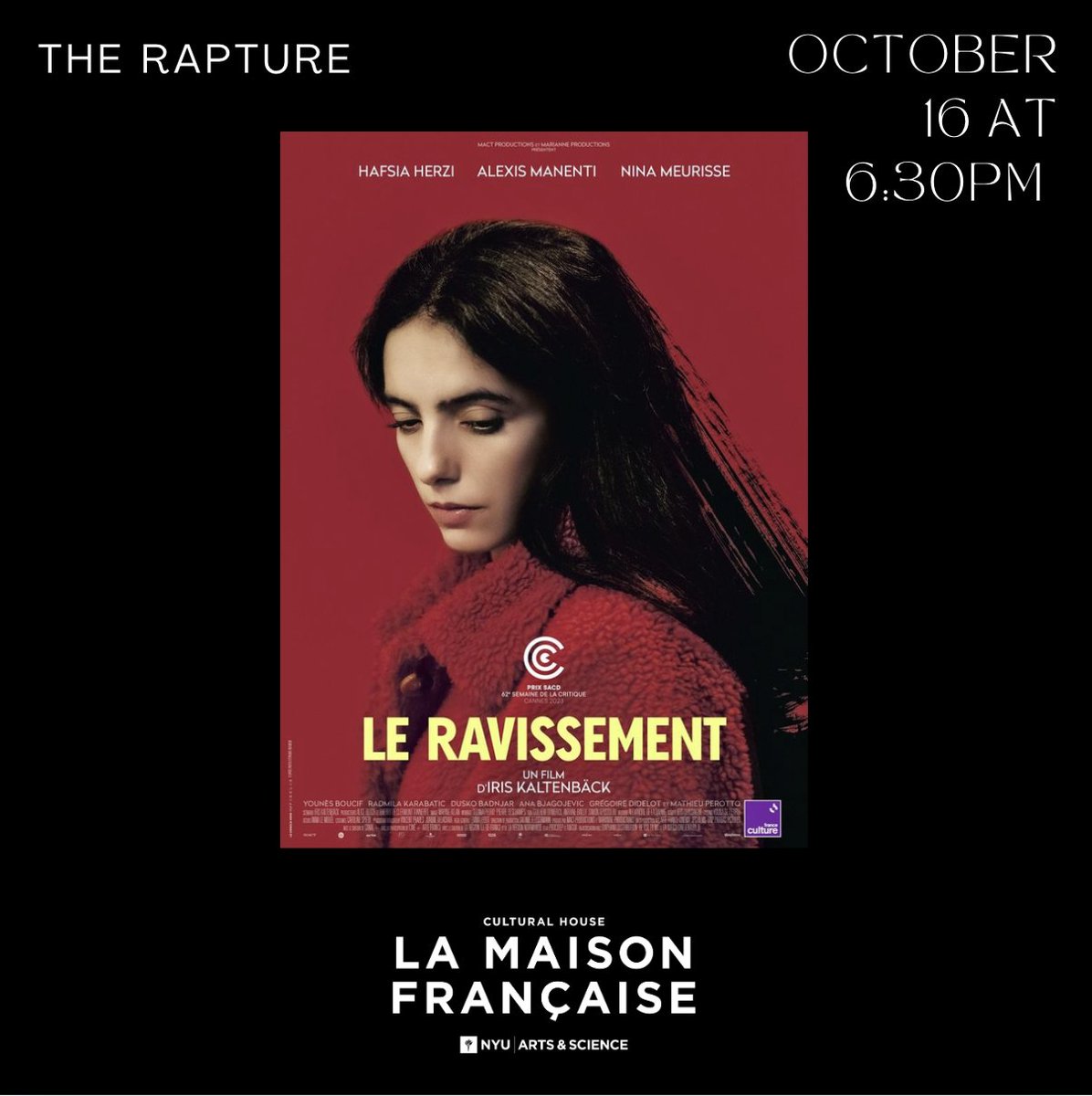 🎬 Voices of Francophone Cinema Festival continues tomorrow with The Rapture 
Wednesday, October 16th at 6:30 pm at La Maison Française at NYU

Curated by Prof. Anna-Caroline Prost, join us for a week of films that have sparked conversations this year!