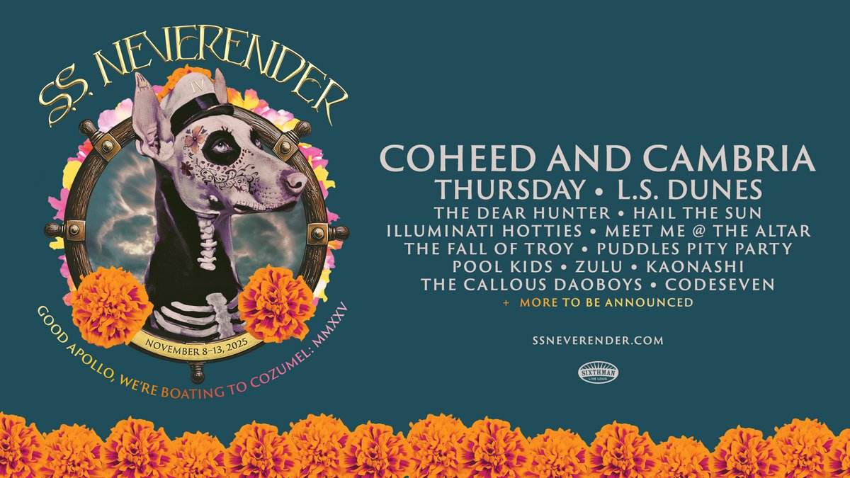 Coheed's tweet photo. PACK YOUR BAGS! 
GOOD APOLLO, WE'RE BOATING TO COZUMEL: MMXXV!! 
Join us and all our friends on the SS Neverender III! 
Register now!
https://t.co/uzyAq5C7Gd https://t.co/1ZshlGkp40