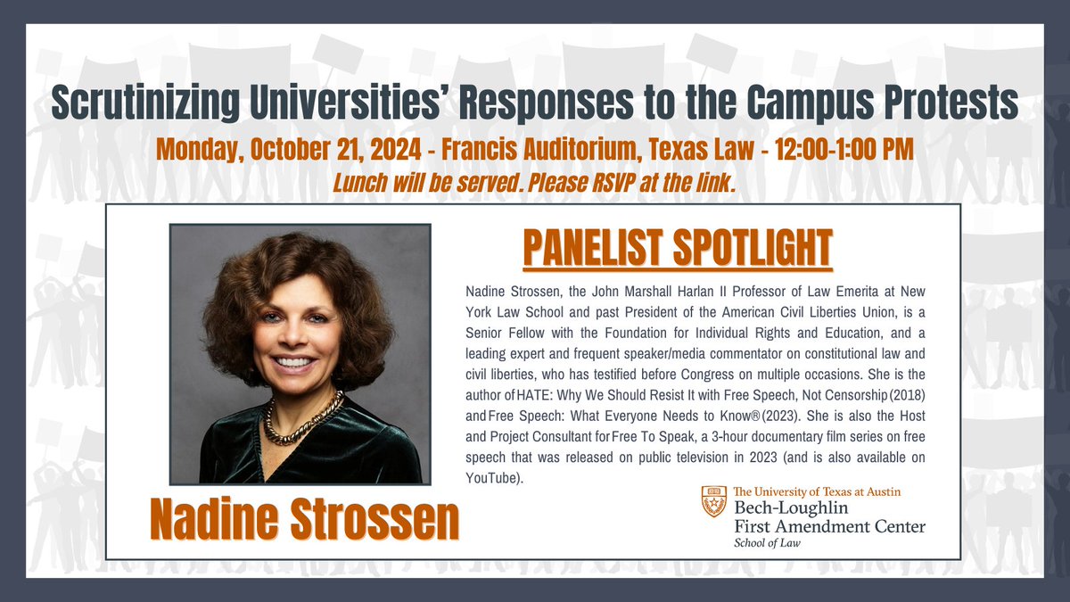 The Bech-Loughlin First Amendment Center (@utexas1acenter) on Twitter photo Professor Nadine Strossen will be one of the esteemed panelists for our Free Speech Week event on 10/21. Learn more about all nine panelists, the event, and to RSVP, visit the link. Join us!
law.utexas.edu/first-amendmenā¦
<a href="/UTexasLaw/">UTexasLaw</a> <a href="/UTAustin/">UT Austin</a> <a href="/steventcollis/">Steven T Collis</a> <a href="/FreeSpeechWeek/">Free Speech Week</a> Professor Nadine Strossen will be one of the esteemed panelists for our Free Speech Week event on 10/21. Learn more about all nine panelists, the event, and to RSVP, visit the link. Join us!
law.utexas.edu/first-amendmenā¦
<a href="/UTexasLaw/">UTexasLaw</a> <a href="/UTAustin/">UT Austin</a> <a href="/steventcollis/">Steven T Collis</a> <a href="/FreeSpeechWeek/">Free Speech Week</a>