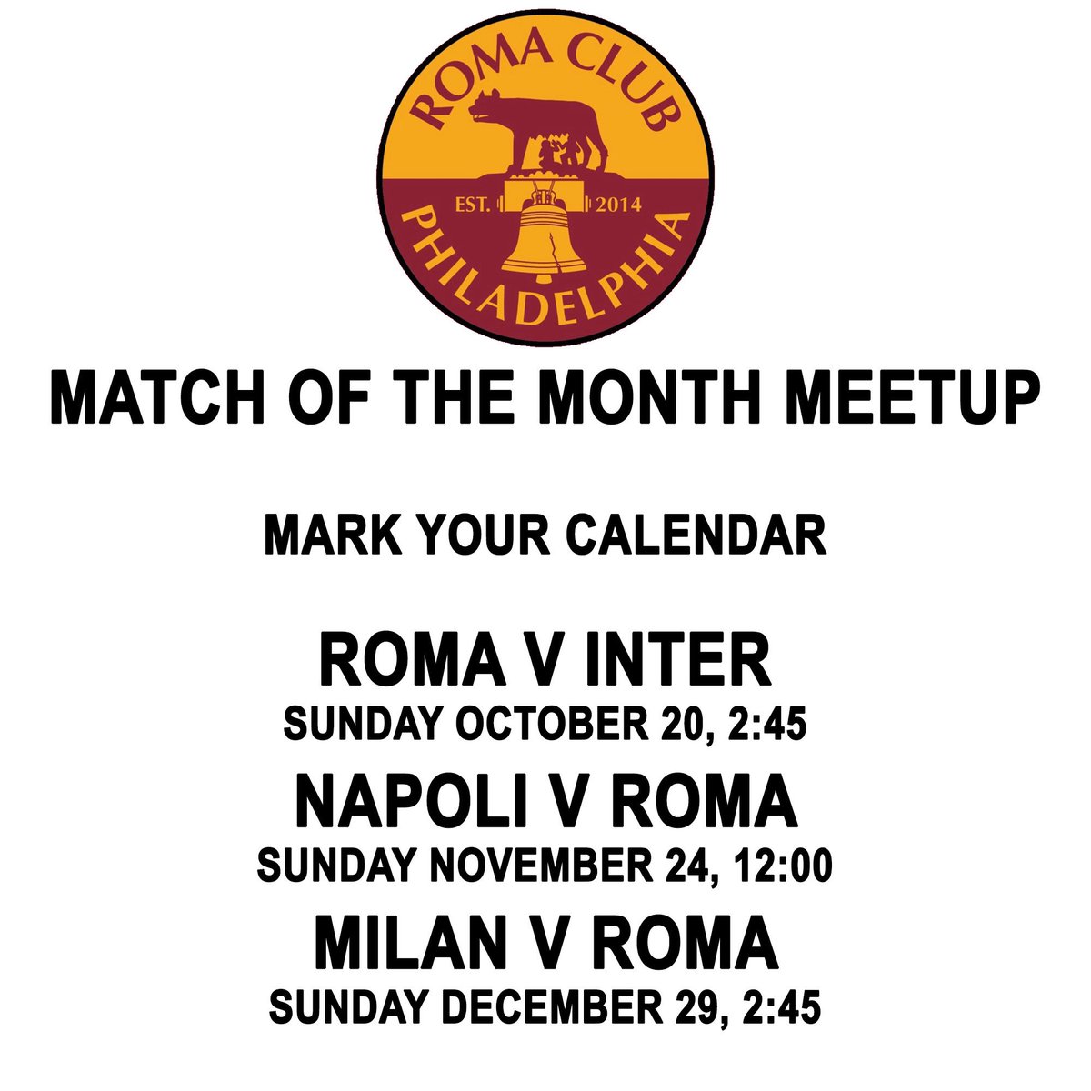 Romanisti!! 💛❤️
Mark your calendars and join us for the match of the month! For those of you who can’t make it out weekly, these are the games to come out for!

See you this Sunday at 2:45 PM for Roma vs Inter at our meetup.

Forza Roma! 💛❤️
