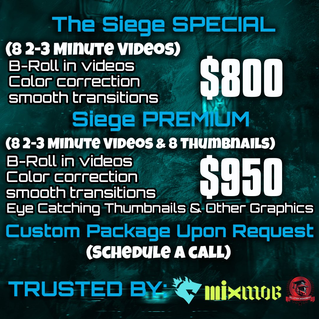 SiegeOC's tweet image. Are you looking for a new video editor? Looking for graphics to go with your videos?

Well I can do both &amp;amp; more 🔥

I have worked with the likes of @MixMobOrigin, @TheCatalystOG, @ClutchAcademyGG, @darkinsideGG &amp;amp; so many more amazing clients. 

DM me now so we can set something…
