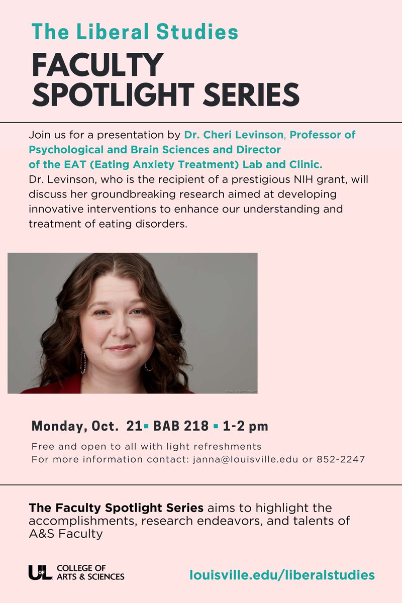 ARE YOU:
1) Interested in the work we do <a href="/uofleatlab/">EAT Lab</a>?
2) Local to Louisville? 
and/or
3) Wanting to take a road trip to learn more about #eatingdisorderresearch??
...You're in luck!
@CheriLev  is giving a Spotlight talk <a href="/uofl/">University of Louisville</a> on Monday, 10/21 and we'd love to see you there!