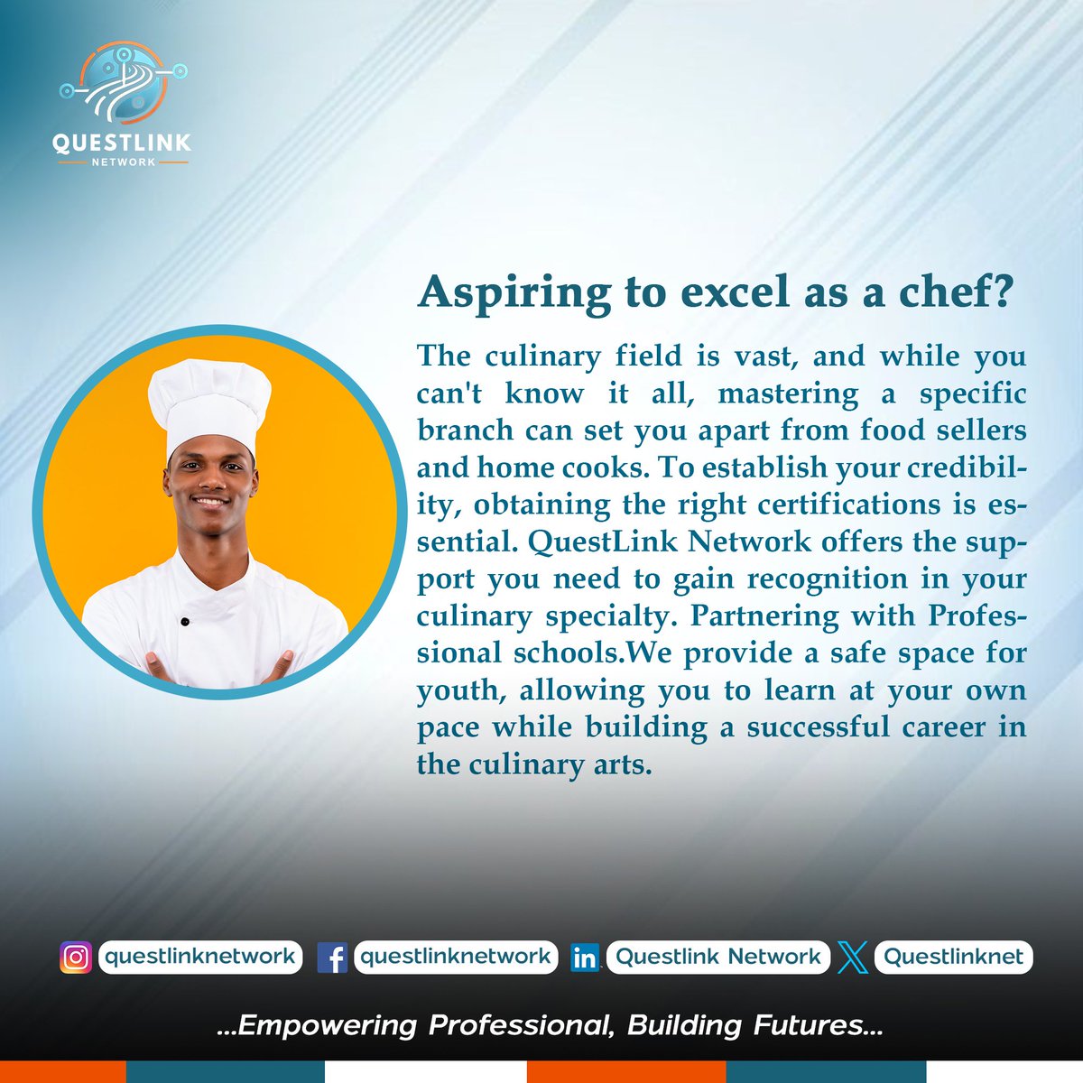 QuestlinkNet's tweet image. 🚨 Aspiring Chefs! 🚨

Ready to take your cooking skills to the next level? At QuestLink Network, we provide the mentorship and resources to help you master your craft and gain recognition in the culinary world. 🧑‍🍳🔥
Join our community today and turn your passion into a goal