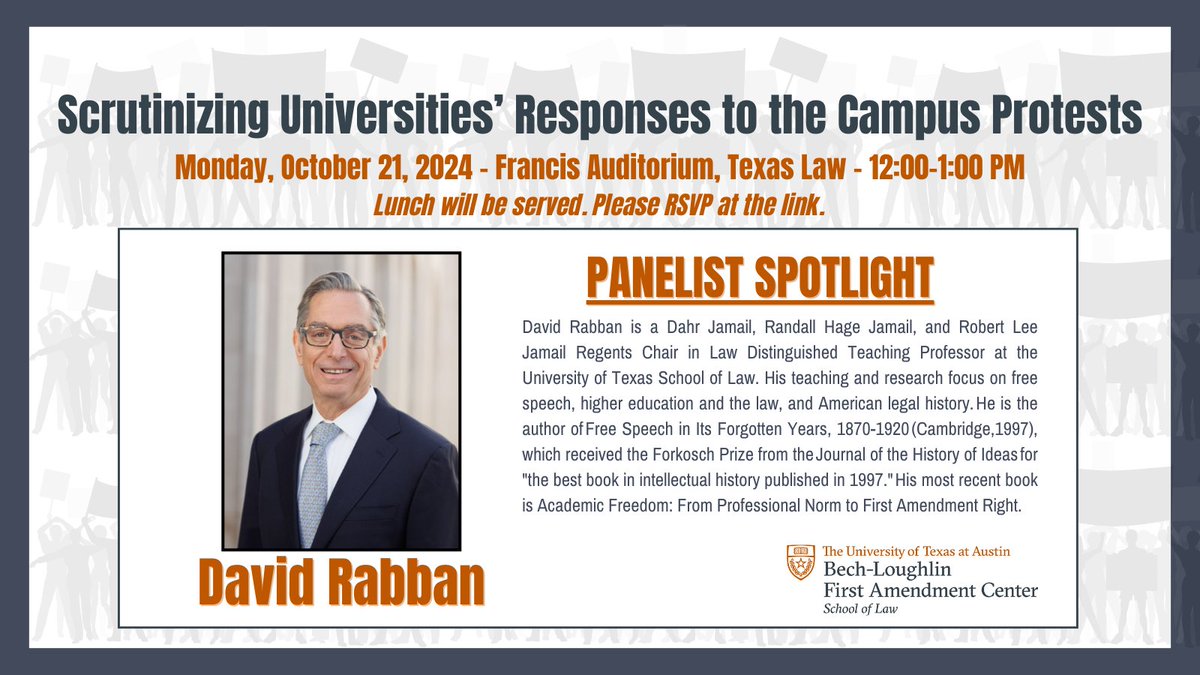 The Bech-Loughlin First Amendment Center (@utexas1acenter) on Twitter photo Professor David Rabban will be one of the esteemed panelists for our Free Speech Week event on 10/21. Learn more about all nine panelists, the event, and to RSVP, visit the link. Join us!
law.utexas.edu/first-amendmenā¦
<a href="/UTexasLaw/">UTexasLaw</a> <a href="/UTAustin/">UT Austin</a> <a href="/steventcollis/">Steven T Collis</a> <a href="/FreeSpeechWeek/">Free Speech Week</a> Professor David Rabban will be one of the esteemed panelists for our Free Speech Week event on 10/21. Learn more about all nine panelists, the event, and to RSVP, visit the link. Join us!
law.utexas.edu/first-amendmenā¦
<a href="/UTexasLaw/">UTexasLaw</a> <a href="/UTAustin/">UT Austin</a> <a href="/steventcollis/">Steven T Collis</a> <a href="/FreeSpeechWeek/">Free Speech Week</a>