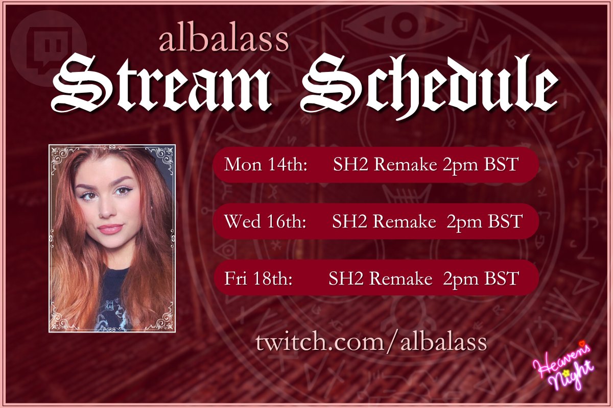 This weeks schedule! Mon Wed and Fri, I might do a secret extra stream on Sunday if I can!  💜
