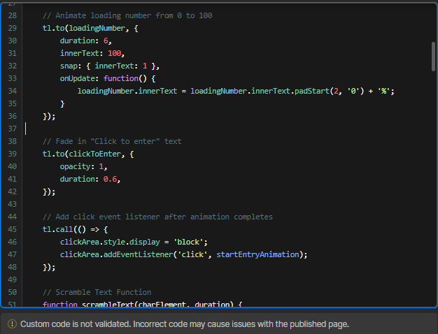 ech0studio's tweet photo. Looking at our custom GSAP code to prepare our goodbye. #webflowconf #webflow #gsap https://t.co/mBk8sVG0Rn
