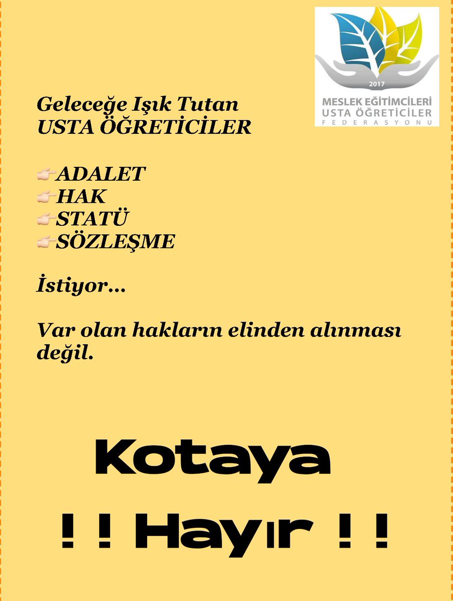 #Ustalar24EKİMulustalar
M.E.B.
Biz Usta öğreticileri,duyuyorsunuz biliyoruz ,görmenizi de bekliyoruz.Sesimizi daha gür çıkartmak için Ulustayız 
<a href="/RTErdogan/">Recep Tayyip Erdoğan</a> 
<a href="/Yusuf__Tekin/">Yusuf Tekin</a> 
<a href="/mebhbogm/">MEB Hayat Boyu Öğrenme Genel Müdürlüğü</a> 
<a href="/TBMMresmi/">TBMM</a> 
<a href="/TBMMGenelKurulu/">TBMM Genel Kurulu</a> 
<a href="/cengizmete/">Cengiz Mete</a> 
<a href="/CelileErenOKTEN/">Celile Eren ÖKTEN</a> 
<a href="/tcbestepe/">T.C. Cumhurbaşkanlığı</a> 
<a href="/cbsbb/">T.C. Cumhurbaşkanlığı Strateji ve Bütçe Başkanlığı</a>
<a href="/MeclisinSesi/">MeclisinSesi</a>