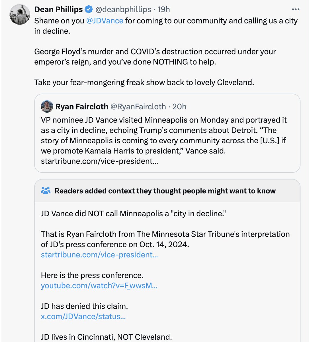 TomSzymanski's tweet image. Warms my heart to see @deanbphillips &amp;amp; @RyanFaircloth get absolutely WRECKED by community notes. 

PS- he didn&apos;t say it but I will, Minneapolis is absolutely a &quot;city in decline.&quot; It was that when I lived there four years ago, can&apos;t imagine how bad it&apos;s gotten since.