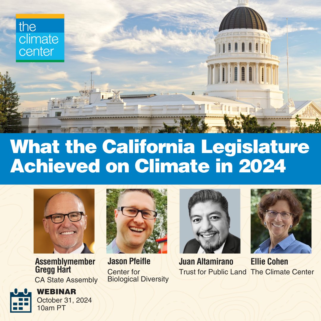 The Climate Center (@climatecampaign) on Twitter photo ✨ On Oct 31, <a href="/AsmGreggHart/">Assemblymember Gregg Hart</a>; <a href="/JasonPfeifle/">Jason Pfeifle</a>, <a href="/CenterForBioDiv/">Center for Biological Diversity</a>; and <a href="/altamirajuan/">Juan Altamirano</a>, <a href="/tpl_org/">Trust for Public Land</a> will join us to discuss key climate legislation passed this year, bills that were watered down or failed, and strategies to raise CA's climate ambition.
Register: loom.ly/8MuwHu4 ✨ On Oct 31, <a href="/AsmGreggHart/">Assemblymember Gregg Hart</a>; <a href="/JasonPfeifle/">Jason Pfeifle</a>, <a href="/CenterForBioDiv/">Center for Biological Diversity</a>; and <a href="/altamirajuan/">Juan Altamirano</a>, <a href="/tpl_org/">Trust for Public Land</a> will join us to discuss key climate legislation passed this year, bills that were watered down or failed, and strategies to raise CA's climate ambition.
Register: loom.ly/8MuwHu4