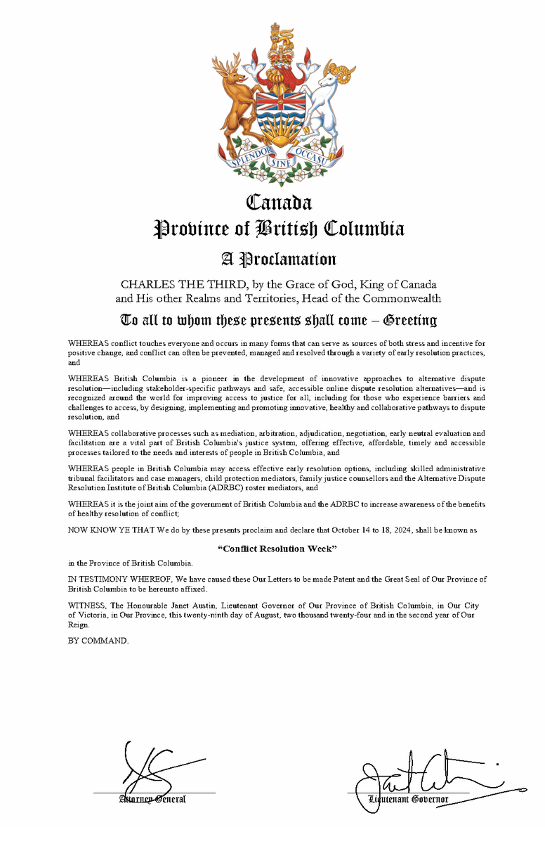 It’s Conflict Resolution Week!

In Partnership with our Provincial Government, we at ADRBC are proud to celebrate the many
ways in which Alternative Dispute Resolution provides affordable, expedient and effective
Access to Justice pathways for all British Columbians.