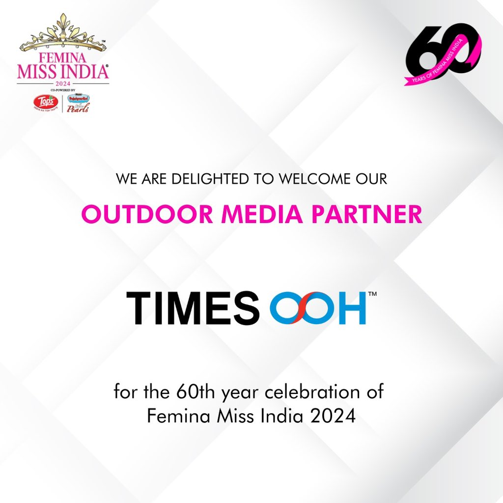 feminamissindia's tweet photo. As we gear up for the 60th Femina Miss India 2024 celebration, we're thrilled to onboard Times OOH as the outdoor media partner for our 60th Femina Miss India pageant! 🤩
#TimesOOH #OutdoorMediaPartner #60thFeminaMissIndia #FeminaMissIndia2024 https://t.co/hjj0pNs16S
