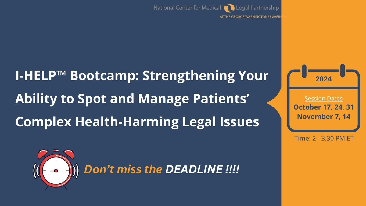 National Center for Medical-Legal Partnership (@national_mlp) on Twitter photo Enhance Your Healthcare Team’s Impact: Join <a href="/National_MLP/">National Center for Medical-Legal Partnership</a>'s I-HELP™ Bootcamp!📅 Starts Oct 17 | 5 interactive sessions 💡 Gain practical skills to improve patient outcomes.
⏰Application closing today! Grab your spot @ surveymonkey.com/r/TDFSFHZ
#Healthcenter #HCCN #PCA #MedLeg Enhance Your Healthcare Team’s Impact: Join <a href="/National_MLP/">National Center for Medical-Legal Partnership</a>'s I-HELP™ Bootcamp!📅 Starts Oct 17 | 5 interactive sessions 💡 Gain practical skills to improve patient outcomes.
⏰Application closing today! Grab your spot @ surveymonkey.com/r/TDFSFHZ
#Healthcenter #HCCN #PCA #MedLeg
