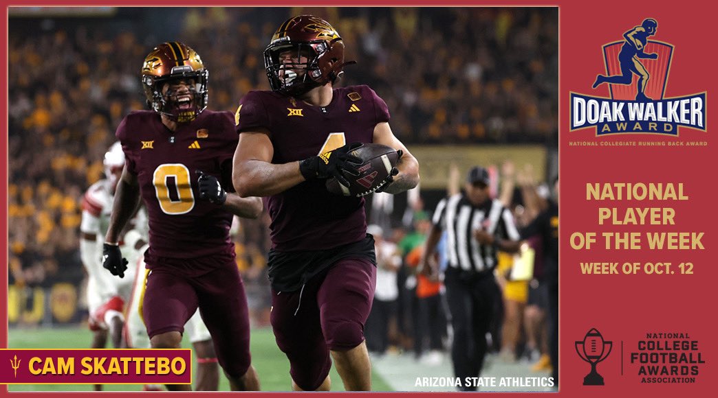 Doak Walker Award (@doakwalkeraward) on Twitter photo Make it two for <a href="/camskattebo5/">cameron skattebo</a>!
The <a href="/ASUFootball/">Sun Devil Football</a> running back powered the Sun Devils past 16th-ranked Utah, 27-19, with 158 yards on 22 carries and a pair of scores to earn the Doak Walker National Running Back of the Week honor for games of the weekend of Oct. 12. Make it two for <a href="/camskattebo5/">cameron skattebo</a>!
The <a href="/ASUFootball/">Sun Devil Football</a> running back powered the Sun Devils past 16th-ranked Utah, 27-19, with 158 yards on 22 carries and a pair of scores to earn the Doak Walker National Running Back of the Week honor for games of the weekend of Oct. 12.