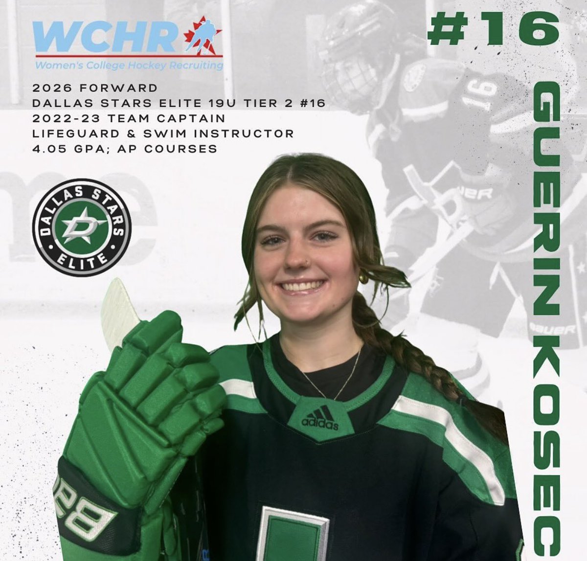 🚨NEW WCHR ATHLETE ALERT🚨

Introducing Guerin Kosec, a 2026 forward for the Dallas Stars Elite 19U Tier 2. Welcome to the WCHR family, Guerin! 🤩🏒