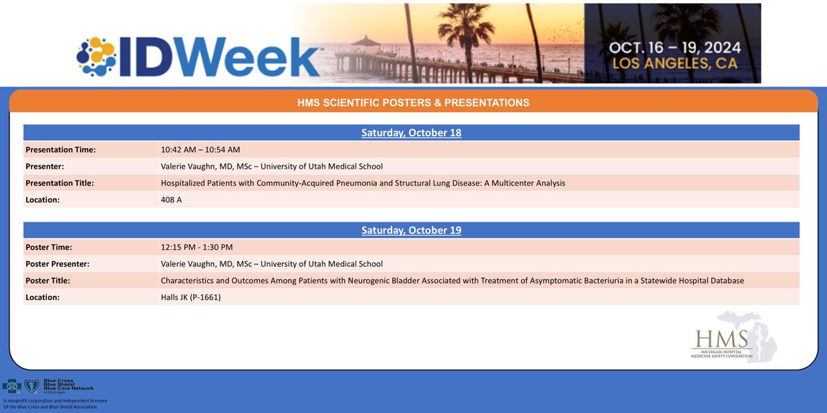 Michigan HMS (@hms_mi) on Twitter photo ✈️ If you're headed to #IDWeek2024 in Los Angeles 🏙️tomorrow, check out our #HMS oral presentations and posters presented by Dr. <a href="/ValerieVaughnMD/">Valerie Vaughn</a>! #CommunityAcquiredPneumonia #AsymptomaticBacteriuria ✈️ If you're headed to #IDWeek2024 in Los Angeles 🏙️tomorrow, check out our #HMS oral presentations and posters presented by Dr. <a href="/ValerieVaughnMD/">Valerie Vaughn</a>! #CommunityAcquiredPneumonia #AsymptomaticBacteriuria