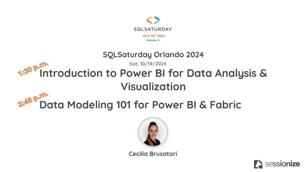 Cecilia Brusatori (@cebrusa) on Twitter photo Attending #SQLSaturday Orlando ?? I will be presenting 2 sessions, Intro to #PowerBI and #DataModeling . Join us for tons of learning, networking and fun!! <a href="/sqlorlando/">sqlorlando</a> <a href="/sqlsatorlando/">SQLSaturday Orlando | #SQLSatOrlando</a>
Registration: sqlsaturday.com/2024-10-19-sql…
#DataAnalytics #BusinessIntelligence #MicrosoftFabric Attending #SQLSaturday Orlando ?? I will be presenting 2 sessions, Intro to #PowerBI and #DataModeling . Join us for tons of learning, networking and fun!! <a href="/sqlorlando/">sqlorlando</a> <a href="/sqlsatorlando/">SQLSaturday Orlando | #SQLSatOrlando</a>
Registration: sqlsaturday.com/2024-10-19-sql…
#DataAnalytics #BusinessIntelligence #MicrosoftFabric