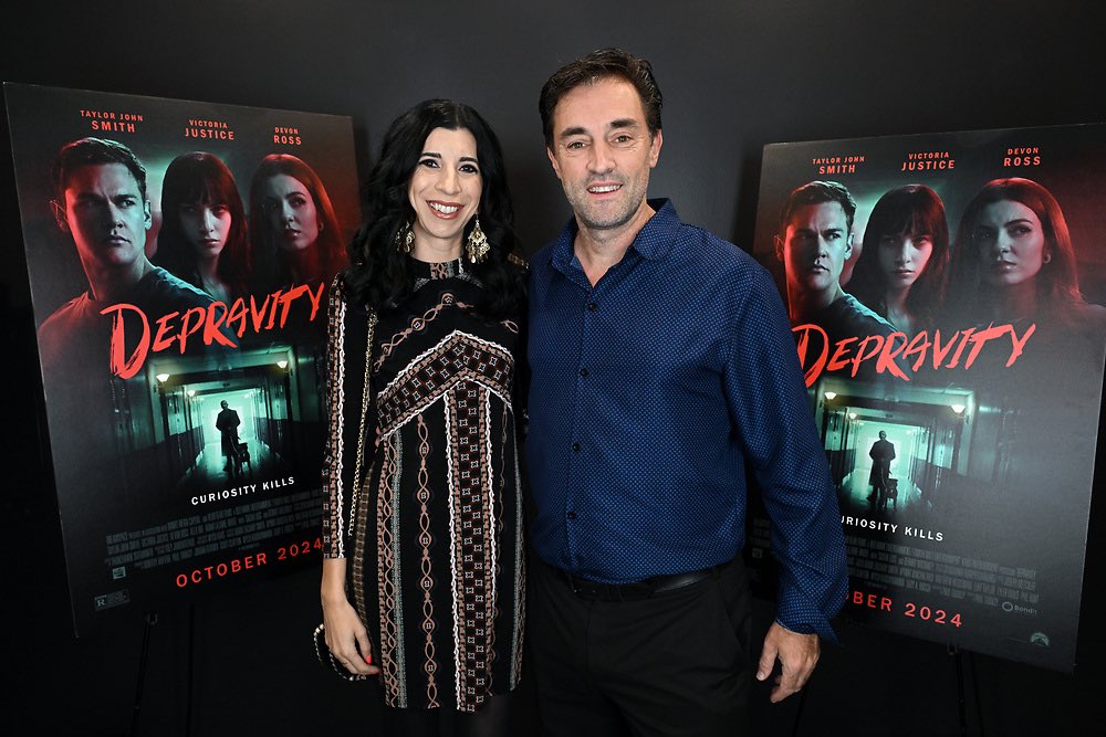 composerjoe's tweet photo. 8+ before it was shot, Paul Tamasy asked me to score #Depravitymovie. We finally got it made. Here we are at the screening along with the film’s music supervisor @katiegaribaldi. Depravity is out digitally via @paramountmovies today! https://t.co/7Nswe7WhNM